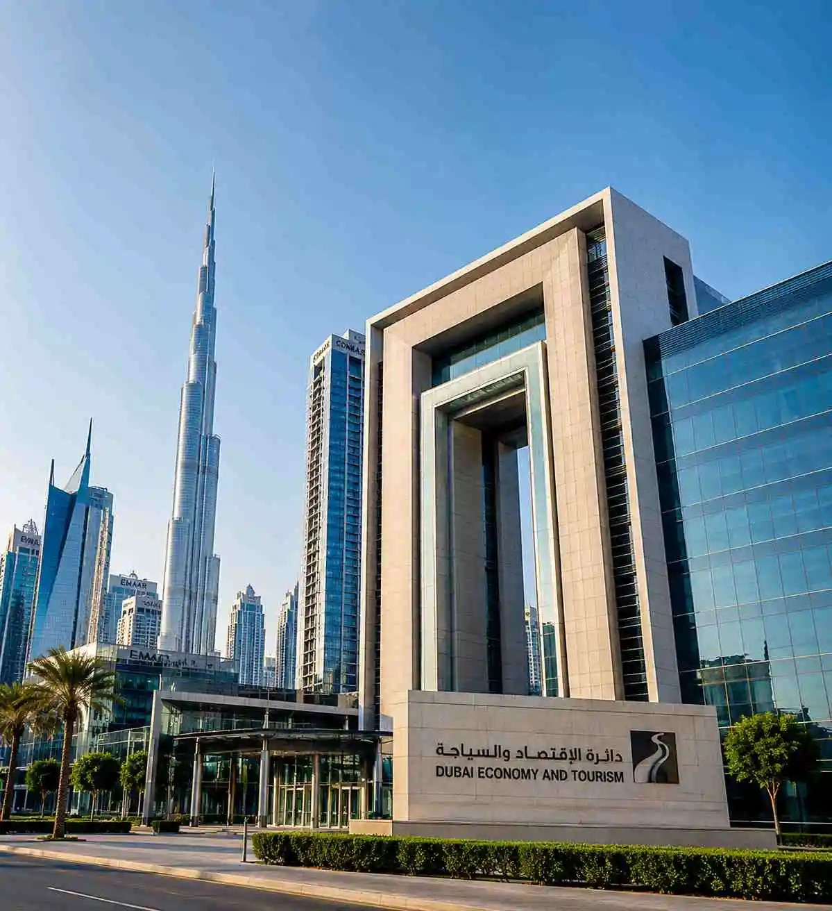 Dubai Economy and Tourism building with Burj Khalifa skyline